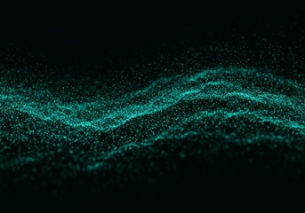 Abstract teal light particles form a flowing waveform on a dark backdrop