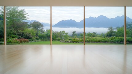 Empty Room Overlooking Mountain View with Greenery and Morning Fog