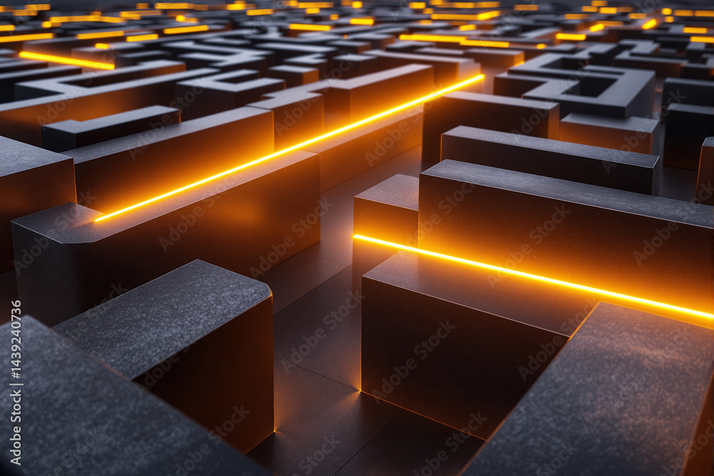 Aufkleber futuristic abstract labyrinth with glowing orange light pathways on a dark metallic background.