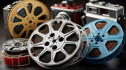 Fototapeta premium Vintage film reels stacked together, colorful metal reels with varying designs, highlighting nostalgia and cinema history.