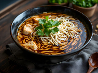 Close-up of a dark bowl featuring Indonesian-style soto with noodles and tofu in a rich, dark broth.