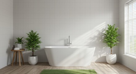 Fototapeta premium Bright bathroom interior with bathtub, plants, wooden stool and sunlight