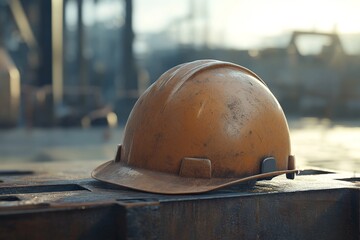 Rusty orange safety helmet resting on metal beams.