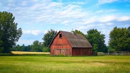 Obraz premium Rustic charm of old red barn in verdant countryside, idyllic pastoral scene