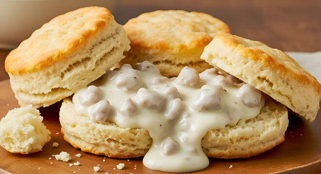 Fluffy split biscuits smothered in creamy white sausage gravy, with extra biscuits on a wooden plate. A comforting Southern breakfast classic.
