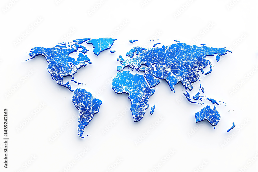 Poster abstract digital world map with blue network connections on a white background.
