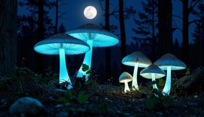Fototapeta premium Glowing mushrooms illuminated by moonlight in a dark forest 