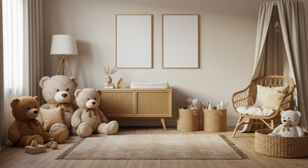 Cozy nursery room with teddy bears and natural wicker furniture design