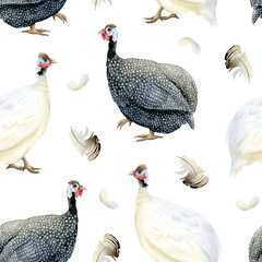 White and grey spotted guinea fowls with feathers watercolor seamless pattern. African farm poultry yard birds for funny and cute village animals designs in realistic style