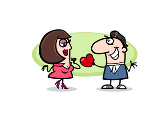 Cartoon Man Giving Heart to a Cartoon Woman