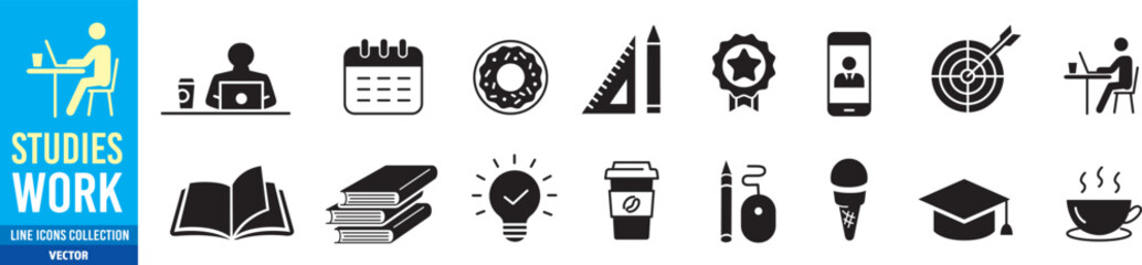 Office School Studies Work in Co-working space. coworking, coworker, workers, meeting, workplace, workspace, share, sharing, cost savings, team work and home office. Editable stroke liner icon collect