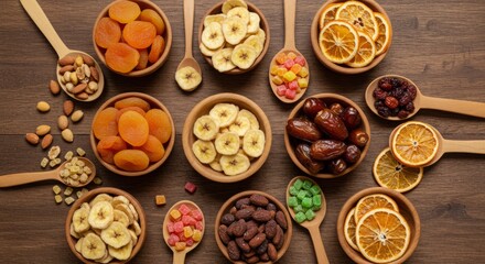 Dried Fruits and Nuts Assortment in Wooden Bowls for Healthy Snacking