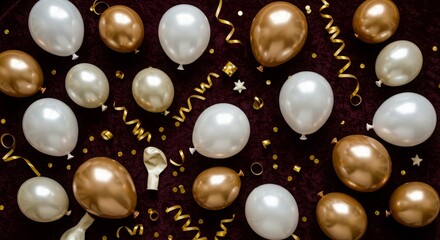 Elegant celebration background with gold and white balloons on dark surface