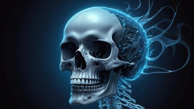 human skull on nlue light background