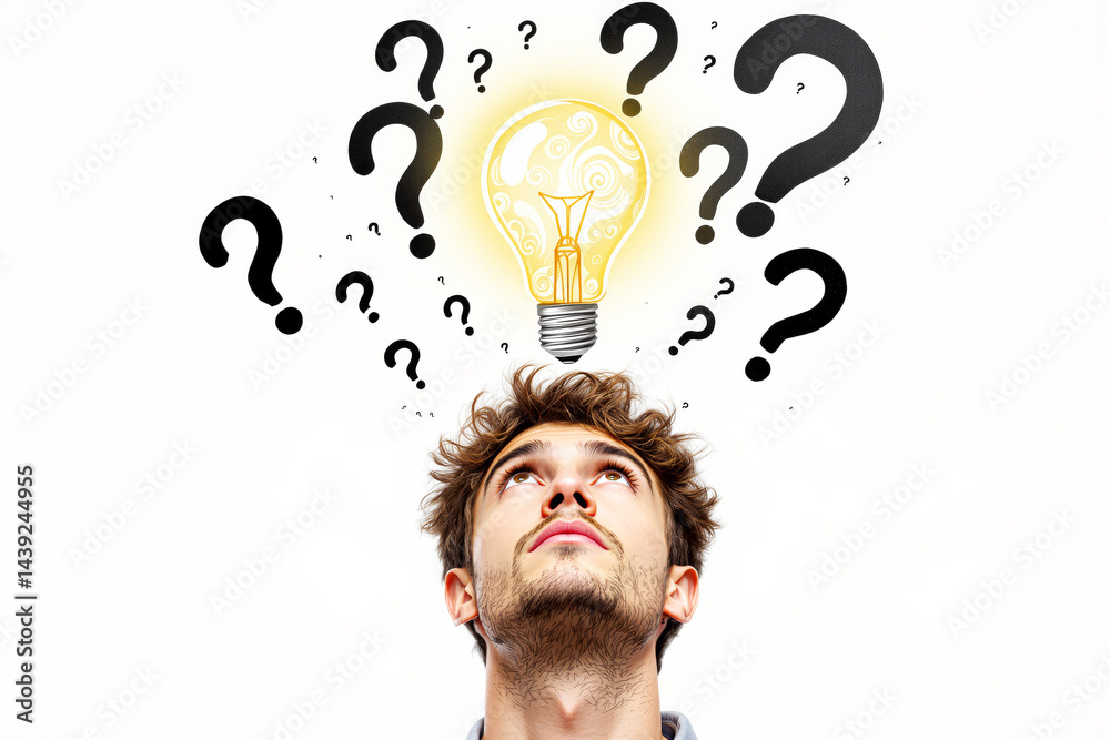Poster man looking up with question marks and a glowing light bulb above his head.