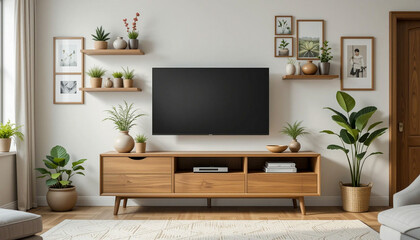 Modern living room with wooden entertainment unit, potted plants, and minimalist decor