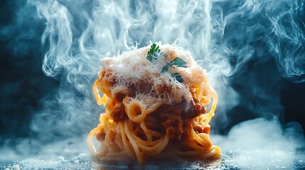 Bolognese Pasta With Slow-Cooked Meat Sauce, Parmesan And Parsley Topping, Steaming Hot For Family-Style Italian Bistro Ad