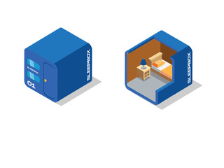 two views of a blue Sleepbox pod