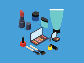  various makeup products including an eyeshadow palette, lipstick, nail polish, brushes, mascara, face powder, cream tube, and small jars