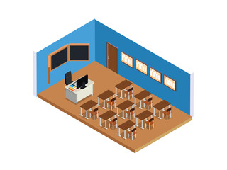 empty interior classroom with desks and chairs