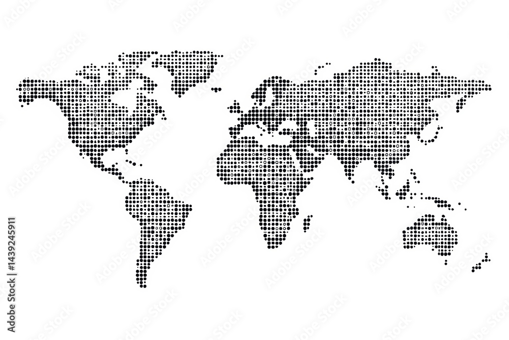 Poster halftone world map with black dots on white background.