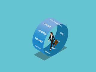 a businesswoman walking on a circular path representing the months of the year, suggesting the progression of time