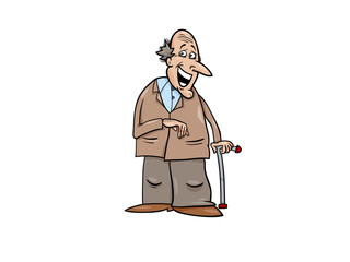 Cheerful Cartoon Grandfather Leaning on Cane Full of Smiles
