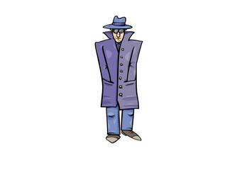 Mystery Man in Coat Hat and Glasses Cartoon Style Character