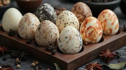 Obraz premium Tea Eggs With Marbled Pattern, Peeled And Arranged On Wooden Tray With Spices, Perfect For Traditional Snack Branding 
