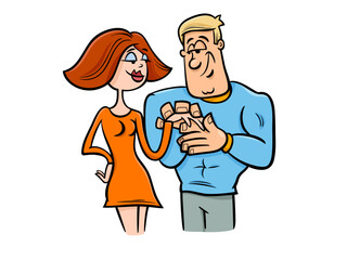 A Romantic Cartoon Couple Holding Hands In Colorful Style