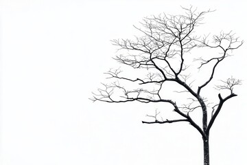 A solitary bare tree stands against a white background, symbolizing resilience and solitude