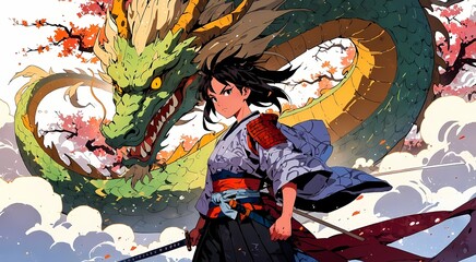 Fototapeta premium anime desktop wallpaper of a samurai and a mythical dragon