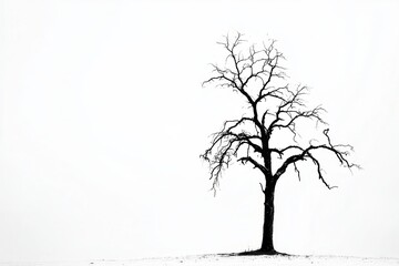A solitary, leafless tree stands against a stark white background, evoking solitude and reflection