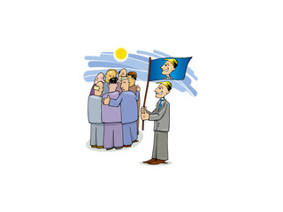 Gathering of People with Leader Holding a Flag