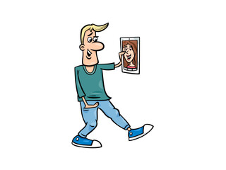 Man in love with woman on photo and walking