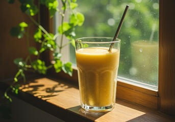 Fototapeta premium Glass of fresh yellow smoothie with straw on windowsill in bright sunlight