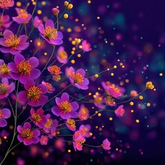 Glowing blossoms flying floating lights concept. Colorful floral design with purple flowers on a dark background, featuring vibrant bokeh effects.