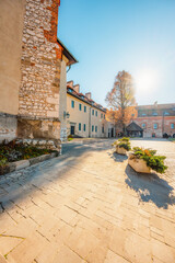 Benedictine abbey, monastery and church on the rocky cliff and Vistula river. Tyniec near Krakow,...