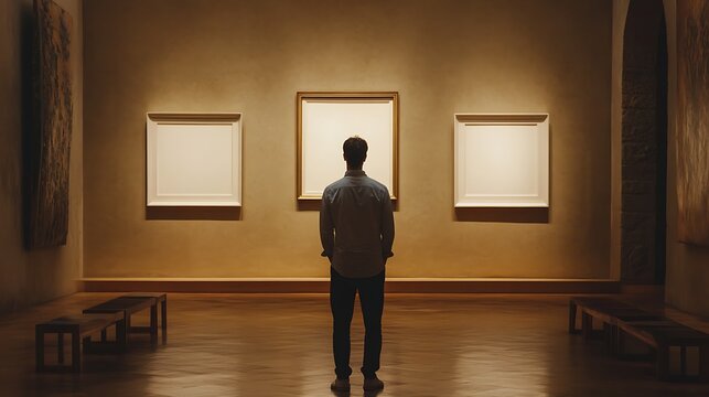Man observing empty art frames in gallery