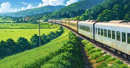 scenic countryside railway with a train winding through lush green hills and green fields, anime background