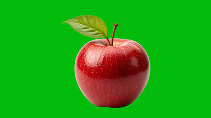Isolated red apple with green leaf on green background perfect for food and fruit related designs and projects