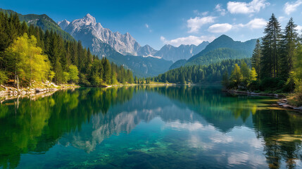 Colorful summer view of Fusine lake. Bright morning scene of Julian Alps with Mangart peak on background, Province of Udine, Italy, Europe. Traveling concept background