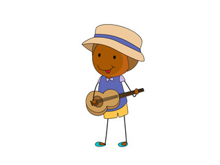 Cheerful Cartoon Boy Playing Guitar with Straw Hat