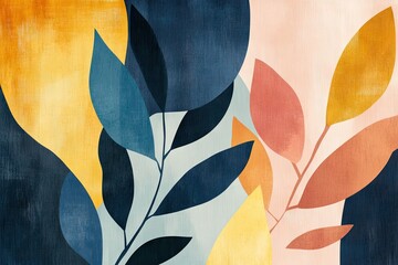 Abstract botanical art featuring layered leaves in muted colors.