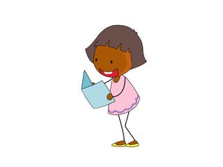 Cute Girl Reads a Book and Smiles on Black Background