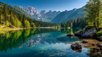 Colorful summer view of Fusine lake. Bright morning scene of Julian Alps with Mangart peak on background, Province of Udine, Italy, Europe. Traveling concept background