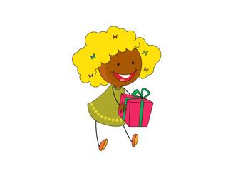 Happy Child Receives a Red Present With Green Bow