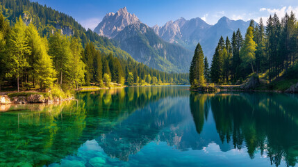 Colorful summer view of Fusine lake. Bright morning scene of Julian Alps with Mangart peak on background, Province of Udine, Italy, Europe. Traveling concept background