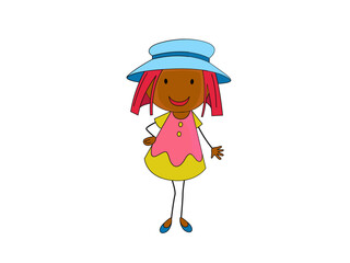 Cheerful Cartoon Girl with Pink Hair and a Blue Hat