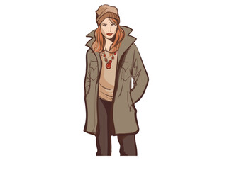 Woman with hat in olive coat standing in isolation